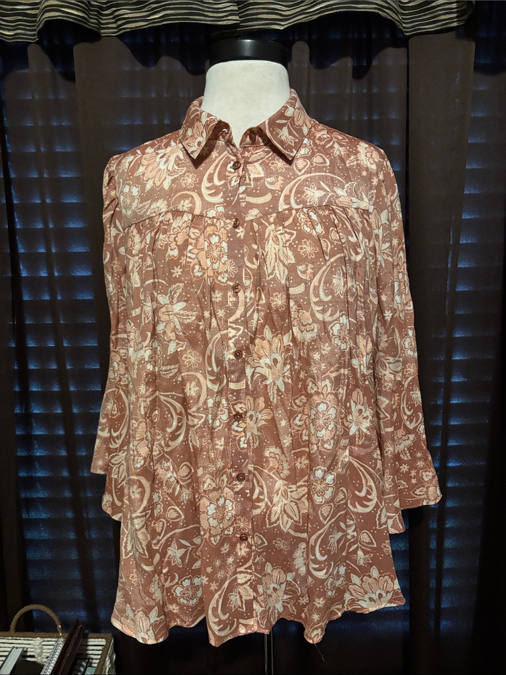Cato Brown and Cream Floral Button-Up Blouse